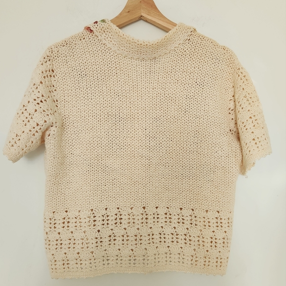Laura Tayler Beige Crochet Cardigan Floral Embroidered Sweater Size L - Picture 13 of 15